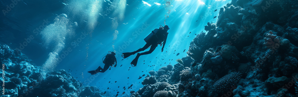 Scuba diving, underwater or diver swimming and exploring for marine adventure, hobby or vacation activity. Beautiful, blue and clear calm ocean view for travel, exploration or environmental discovery - obrazy, fototapety, plakaty 