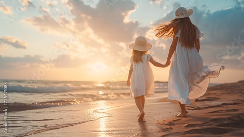 A young girl and mother in white attire and a hat stroll barefoot on the beach at sunset, with hair blowing in the wind. photo