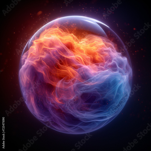 Glowing orb with intertwining blue and orange lights against a dark backdrop