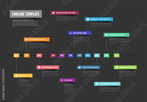 Colorful dark Horizontal Timeline Infographic template on dark gray background