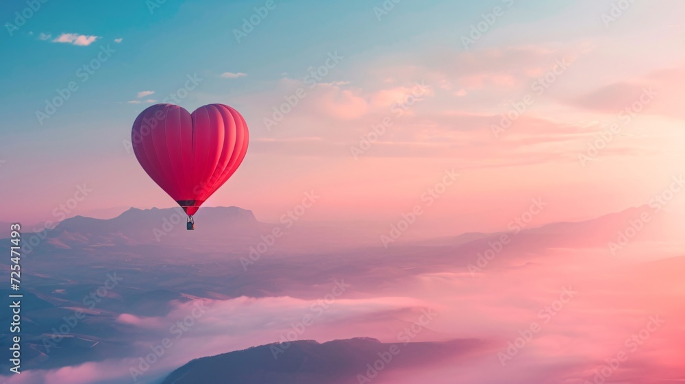 Obraz premium Gorgeous crimson hot air balloon heart against a sky of soft blue and delicate pink, set against misty mountains on a sunny Valentine's Day morning 