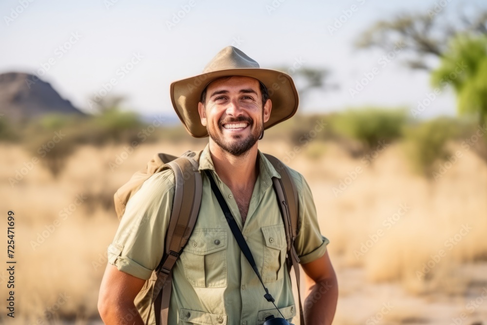 Portrait of a happy male hiker standing in the savannah