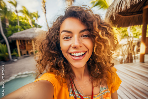Young happy woman taking selfie in a tropical tourist city
