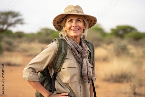 Portrait of happy mature woman with backpack standing in the savannah