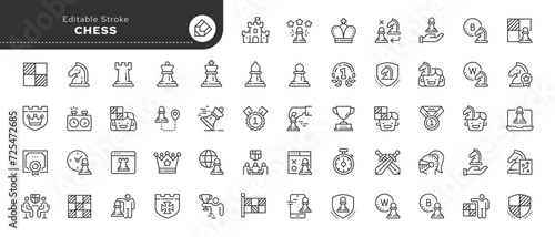 Set of line icons in linear style. Series - Game of Chess. Chess pieces: bishop, pawn, queen, knight, king, queen. Chess tournament, chess player.Outline icon collection. Pictogram and infographic.