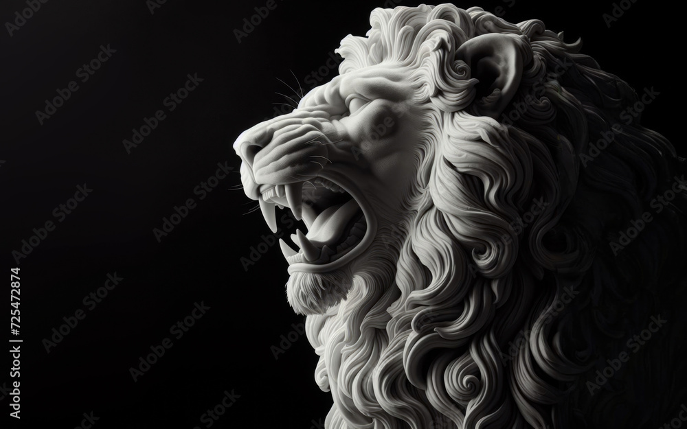 stone marble statue of a lion on a black background
