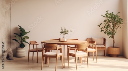 Beige chairs at rustic round wood dining table. Japandi minimalist style home interior design of modern living room