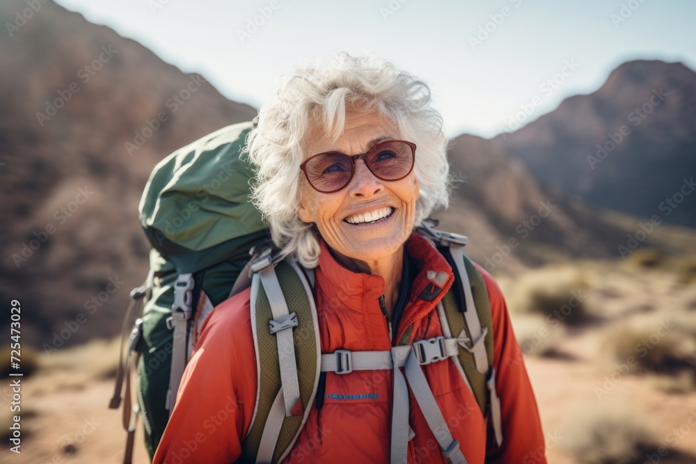 Portrait of happy senior woman with backpack hiking in the mountains.