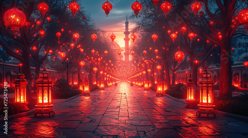 Decorating the street with red lanterns