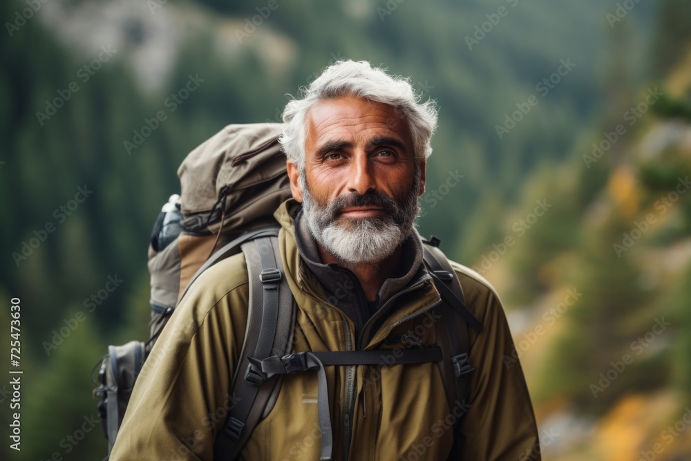 Portrait of a senior man hiking in the mountains. Active lifestyle concept.