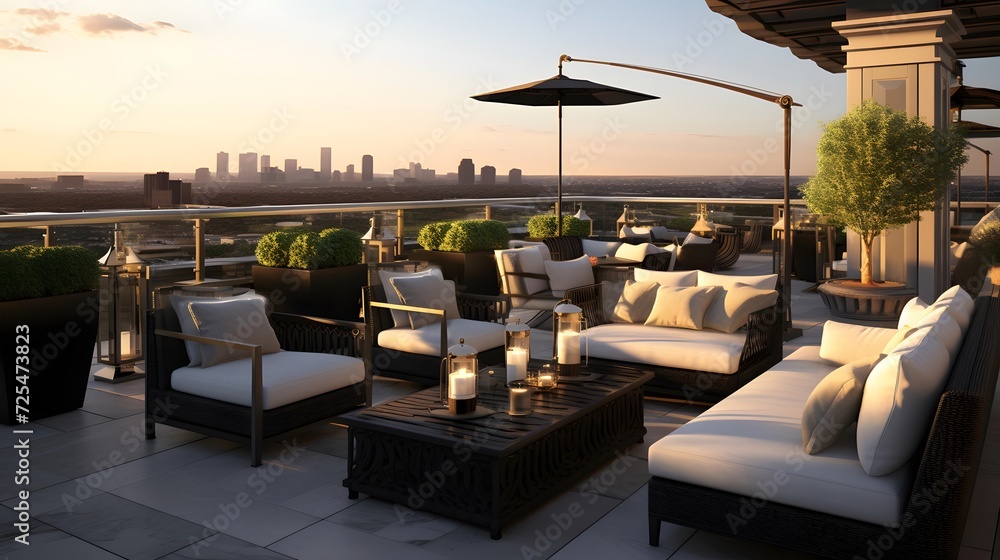 Sunset on the terrace of a luxury hotel. Panorama