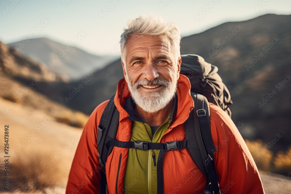 Senior man hiking in the mountains. He is looking at camera and smiling. Senior man hiking in the mountains. He is looking at camera and smiling.
