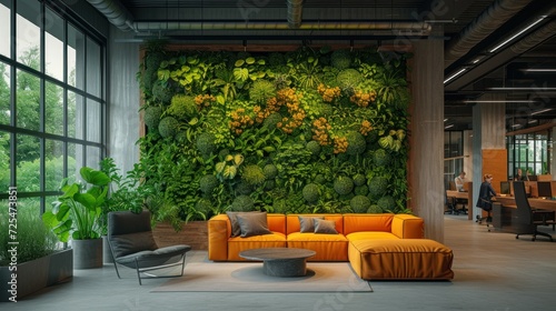 A well-lit modern office with a stunning green living wall filled with lush perennial plants photo