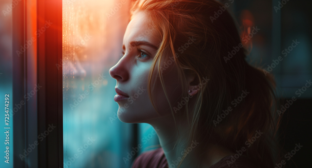Young Woman Looking Out Of Window Concept