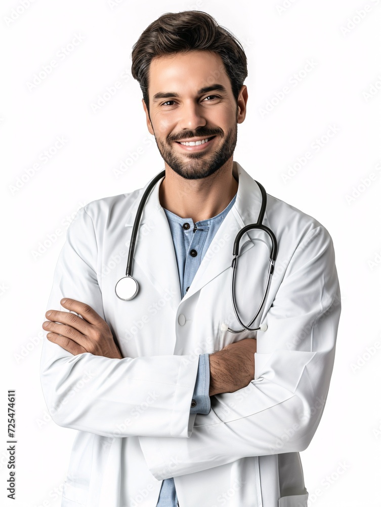 Male physician wearing a white lab coat and stethoscope grins with healthy test outcomes, facing the camera against a blank white backdrop with room for text. Male physician wearing a white lab coat and stethoscope grins with healthy test outcomes, facing the camera against a blank white backdrop with room for text.