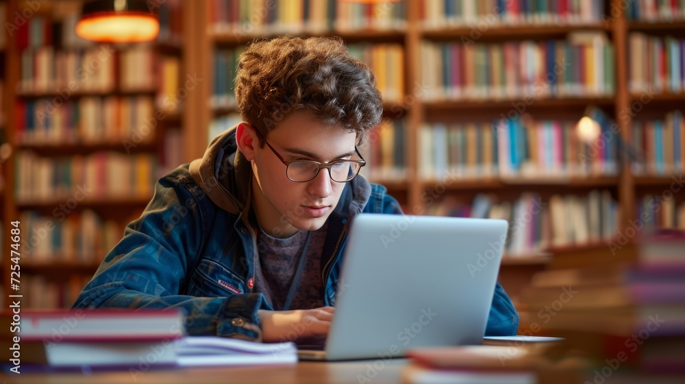 Focused Student Studying with Laptop in Library Focused Student Studying with Laptop in Library
