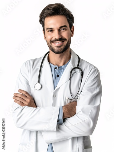 Male physician wearing a white lab coat and stethoscope grins with healthy test outcomes, facing the camera against a blank white backdrop with room for text.