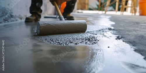 Expert in using rolling pins for fresh screed concrete with self-smoothing mortar on flooring, for the purpose of renovating homes. photo