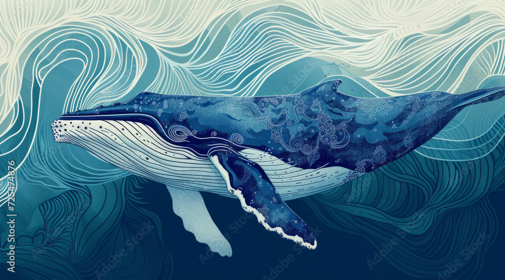 Ocean, sea and whale swimming underwater artwork for creative illustration background and poster design. Blue, peaceful and beautiful scene of wildlife in their habitat for environment and eco system