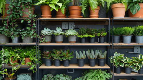 Plants arranged on shelf in garden