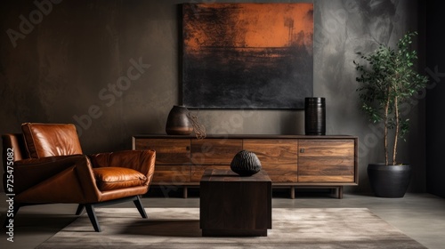 Leather chair near rustic wooden coffee table against black cabinet and decorative stucco poster. Japanese style home interior design of modern living room