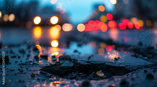 Urban Decay and City Life: Close-Up of Pothole on Busy Street with Twilight City Lights in Background - Street Maintenance and Urban Infrastructur