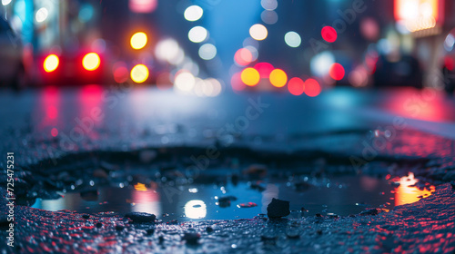 Urban Decay and City Life: Close-Up of Pothole on Busy Street with Twilight City Lights in Background - Street Maintenance and Urban Infrastructur