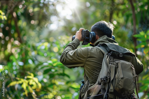 Wallpaper Mural Hombre  de espaldas haciendo una foto en una selva al atardecer, equipado con cámara profesional  Torontodigital.ca