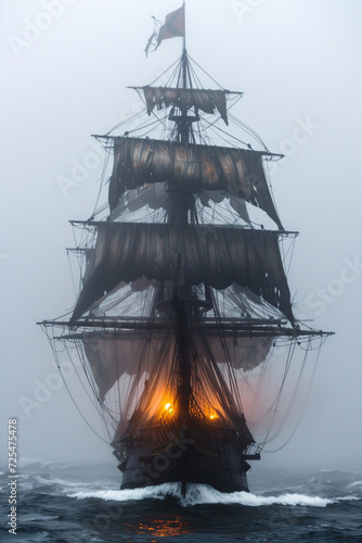 Ghostly ship emerges from the mist, its reflection haunting the still waters