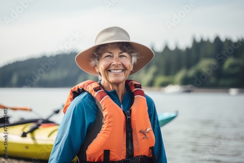 Portrait of smiling senior woman in life jacket and hat with kayak on lake shore © Nerea
