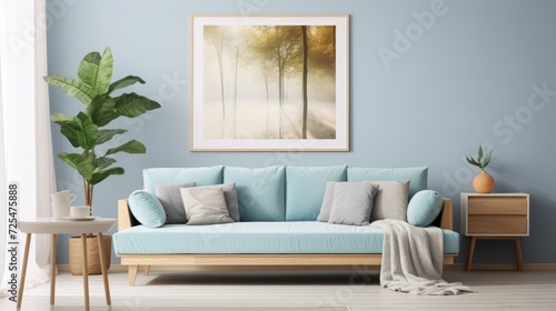 Light Blue sofa with yellow pillows and blanket against beige wall with frame poster. Scandinavian home interior design of modern living room