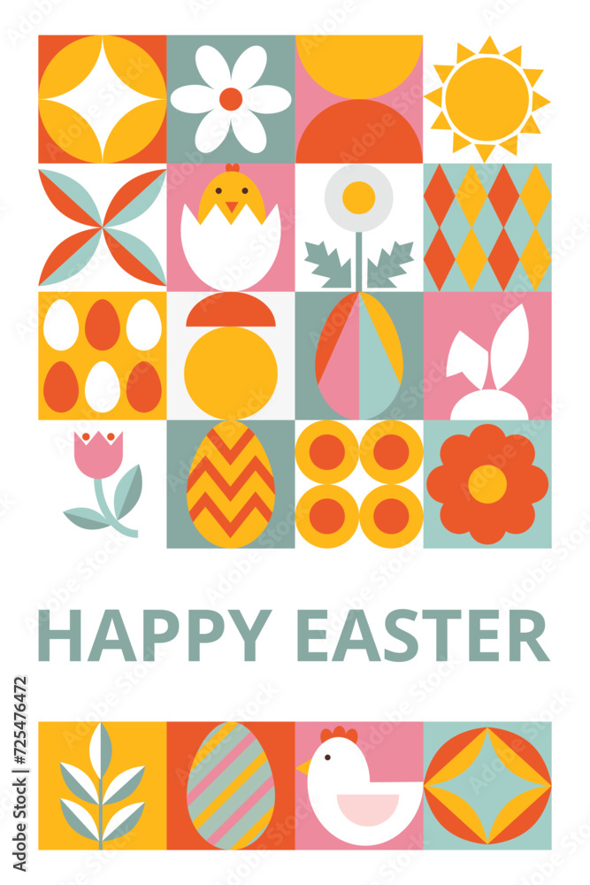 Festive poster for Happy Easter with text. Modern design with simple geometric shapes. Icons with eggs, bunny, flowers, chicken, sun. Layout for card, poster, advertising, banner