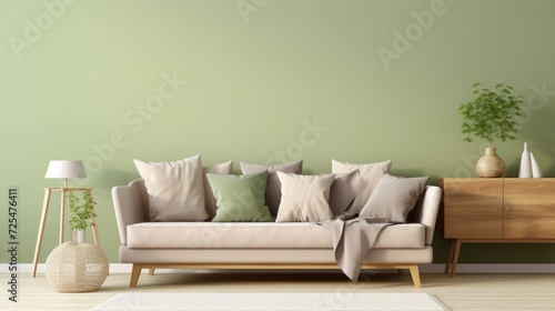 Light green sofa with brown and beige pillows against wall with copy space. Scandinavian home interior design of modern living room