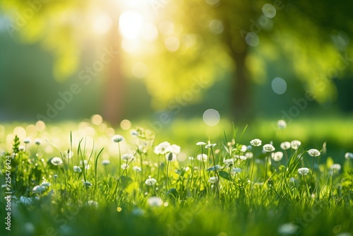 Lush green grass against softly blurred sunny backdrop, evoking essence of spring #725476424