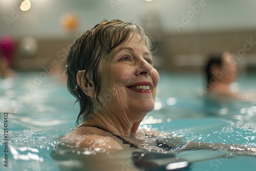 Retired women with swim caps and goggles enjoy synchronized aqua gym exercises  promoting well-being and camaraderie in a tranquil pool setting.