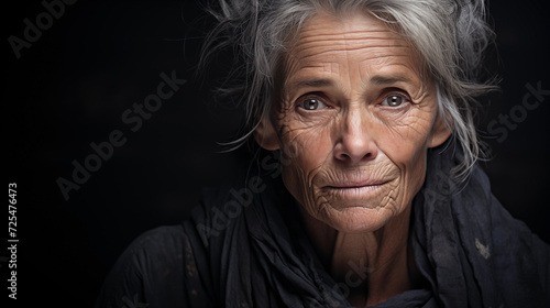 Close up black and white portrait of a lonely elderly woman