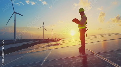 An engineer is constructing a solar panel factory with a wind farm, using sustainable energy sources and environmentally friendly technology.