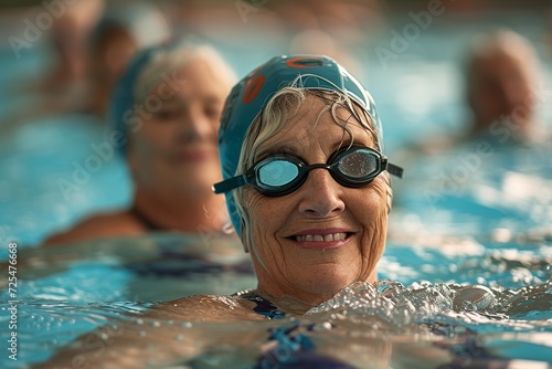 Retired women with swim caps and goggles enjoy synchronized aqua gym exercises, promoting well-being and camaraderie in a tranquil pool setting.