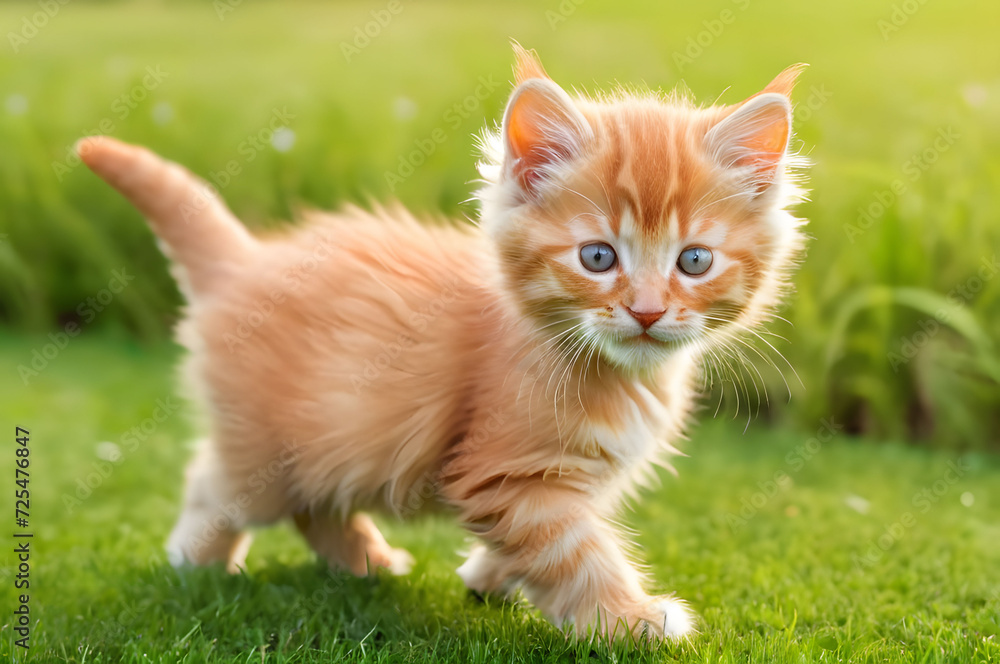 A cute ginger kitten walks on the lawn on a sunny day