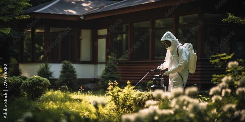 A man in a protective suit treats flowers in the garden with chemicals. Generative AI A man in a protective suit treats flowers in the garden with chemicals. Generative AI