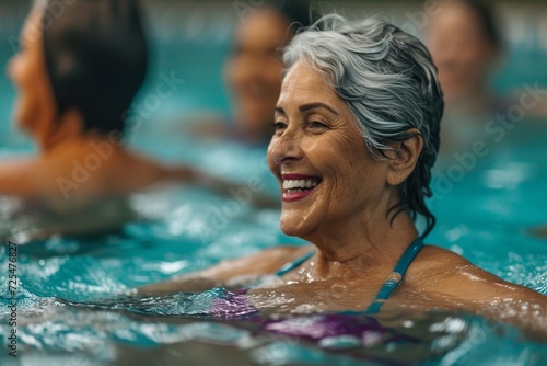 Retired women with swim caps and goggles enjoy synchronized aqua gym exercises, promoting well-being and camaraderie in a tranquil pool setting. © Silvana