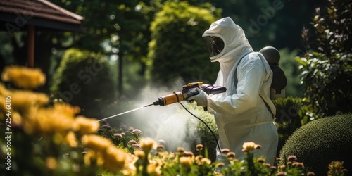 A man in a protective suit treats flowers in the garden with chemicals. Generative AI