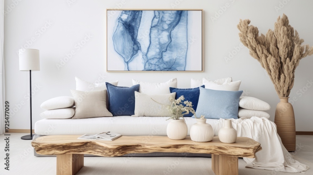 Live edge accent coffee table near white sofa with blue pillows against wall with big poster frame. Coastal home interior design of modern living room - obrazy, fototapety, plakaty 