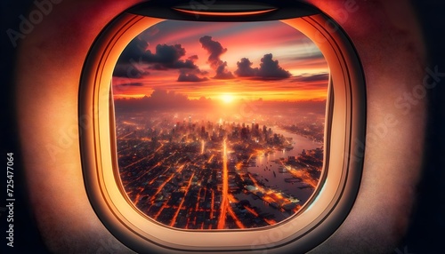 Awe-Inspiring Sunset City View from Airplane Window: Mesmerizing Cityscape Bathed in Warm Hues