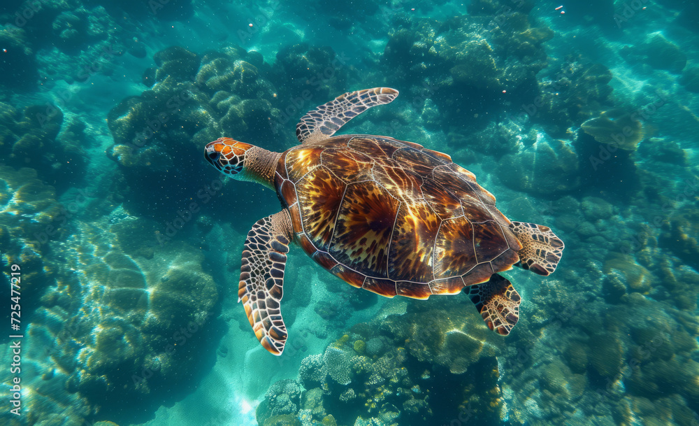 Obraz premium Ocean, sea and turtle swimming underwater in clear water for tourism, holiday adventure and travel. Blue, peaceful and beautiful scene of wildlife in their habitat for environment and eco system