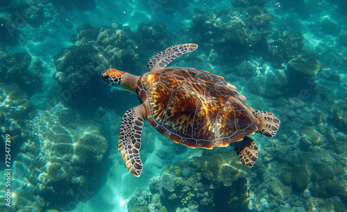 Ocean, sea and turtle swimming underwater in clear water for tourism, holiday adventure and travel. Blue, peaceful and beautiful scene of wildlife in their habitat for environment and eco system © MalamboBot/Peopleimages - AI