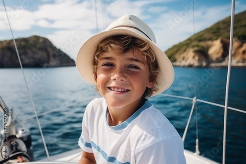 Portrait of a cute little boy on the deck of a yacht