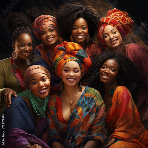 group of smiling black women in headdresses, for international women's day