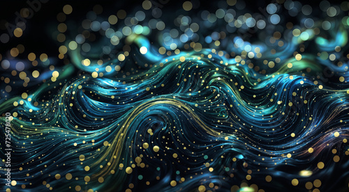 Abstract background with green waves and particles. AI