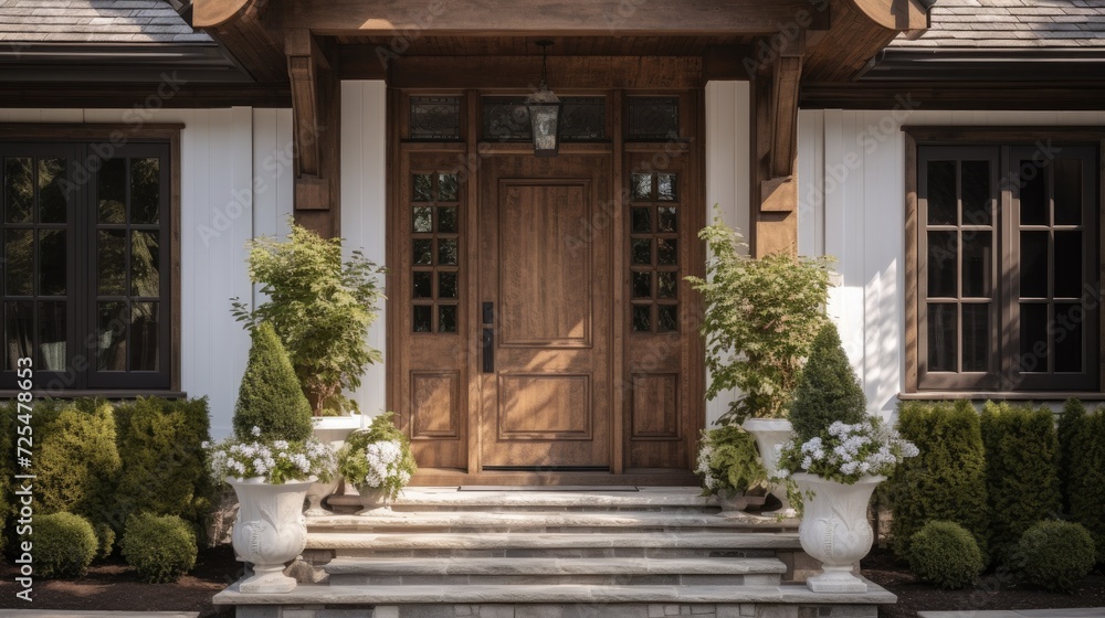 Main entrance door in house. Wooden front door with gabled porch and landing. Exterior of georgian style home cottage with white columns and stone cladding Main entrance door in house. Wooden front door with gabled porch and landing. Exterior of georgian style home cottage with white columns and stone cladding